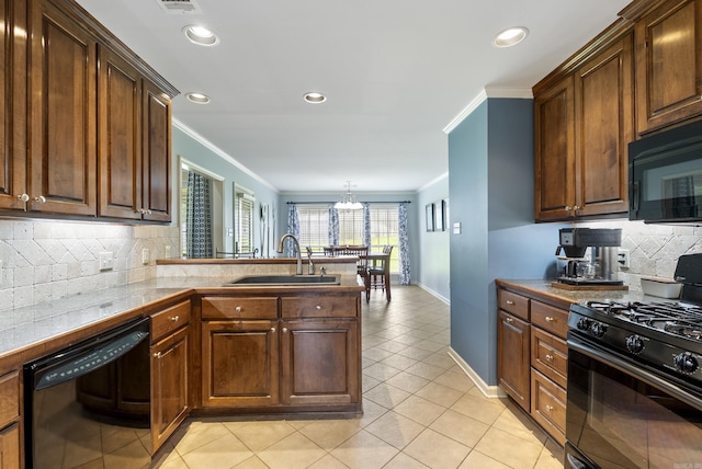 144 Summit Valley Cir, Maumelle, AR 72113 - kitchen featuring black appliances, ornamental molding, tasteful backsplash, a peninsula, and light tile patterned flooring