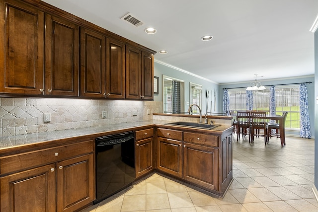 144 Summit Valley Cir, Maumelle, AR 72113 - kitchen with dishwasher, ornamental molding, a chandelier, decorative backsplash, and a peninsula