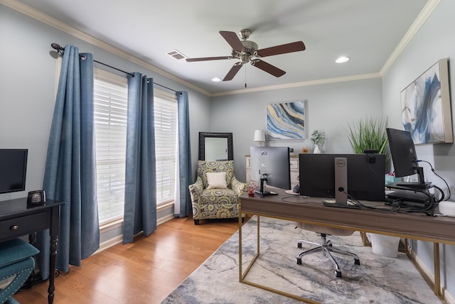 144 Summit Valley Cir, Maumelle, AR 72113 - office with wood finished floors, ornamental molding, ceiling fan, and recessed lighting