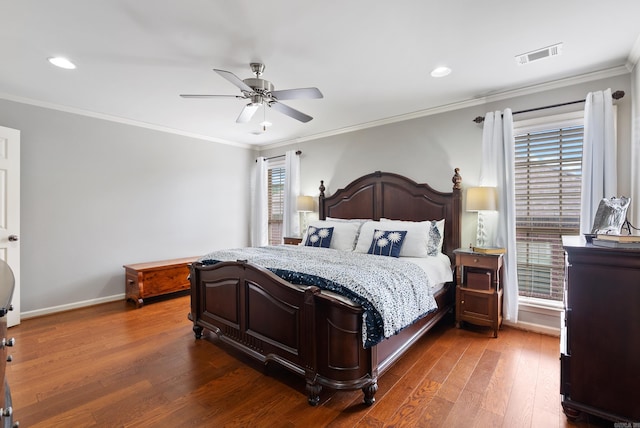144 Summit Valley Cir, Maumelle, AR 72113 - bedroom with dark wood-style floors, ornamental molding, recessed lighting, and a ceiling fan