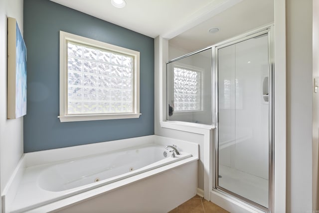 144 Summit Valley Cir, Maumelle, AR 72113 - full bathroom featuring a jetted tub, a shower stall, and tile patterned flooring