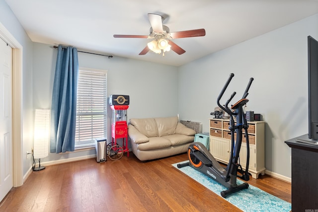 144 Summit Valley Cir, Maumelle, AR 72113 - exercise room featuring a ceiling fan and wood finished floors