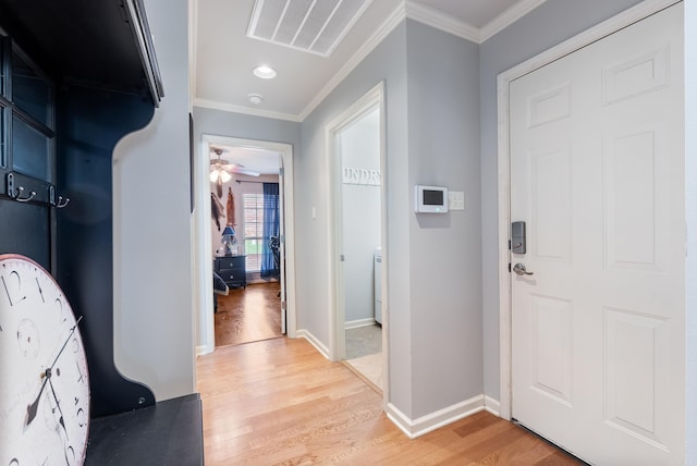 144 Summit Valley Cir, Maumelle, AR 72113 - corridor with light wood-style floors, ornamental molding, and recessed lighting