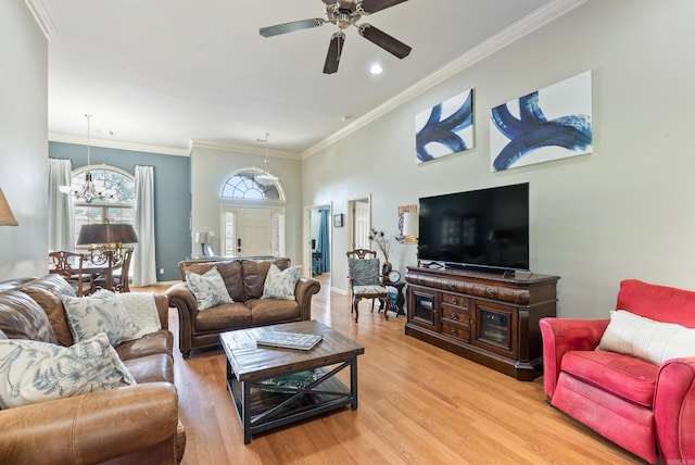 144 Summit Valley Cir, Maumelle, AR 72113 - living room with light wood-style floors, ceiling fan, ornamental molding, recessed lighting, and a chandelier