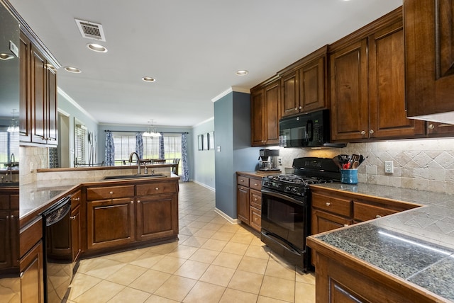 144 Summit Valley Cir, Maumelle, AR 72113 - kitchen with black appliances, tile counters, ornamental molding, light tile patterned floors, and backsplash