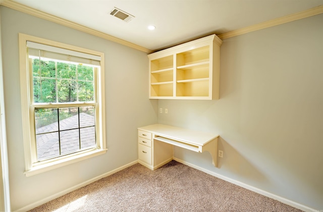 22 Jacob Pl, Little Rock, AR 72211 - unfurnished office with ornamental molding, light colored carpet, built in desk, and recessed lighting