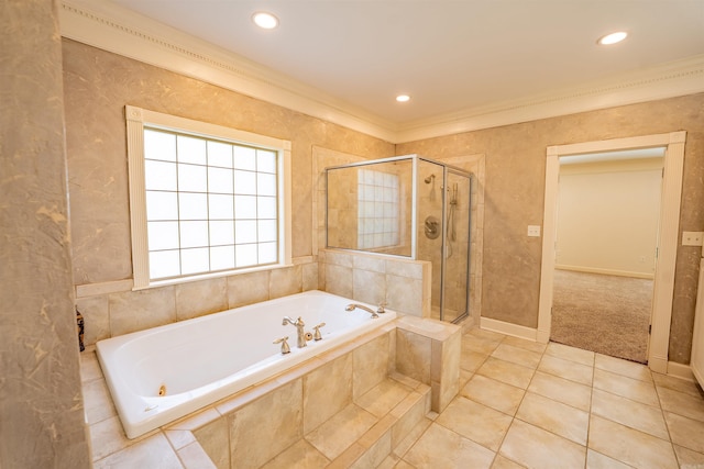 22 Jacob Pl, Little Rock, AR 72211 - full bath with a jetted tub, a shower stall, crown molding, recessed lighting, and tile patterned floors