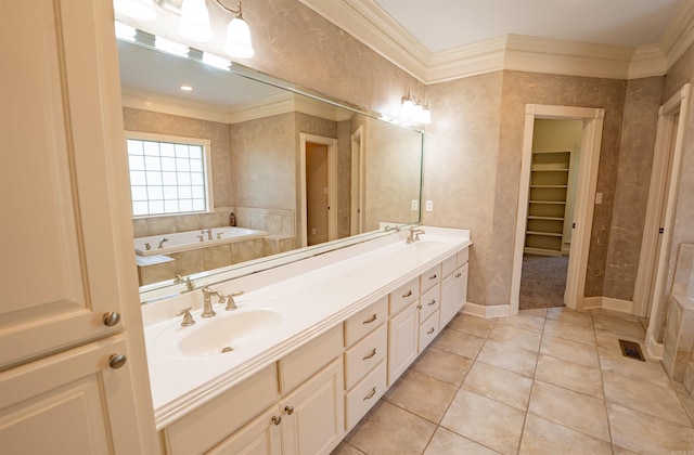 22 Jacob Pl, Little Rock, AR 72211 - full bath featuring ornamental molding, double vanity, a bath, tile patterned floors, and a walk in closet