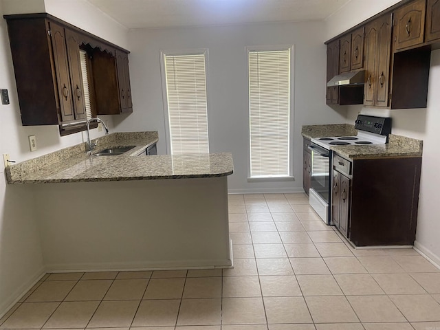 9425 Labette Dr, Little Rock, AR 72205 - kitchen with electric stove, light stone counters, dark brown cabinets, under cabinet range hood, and light tile patterned flooring