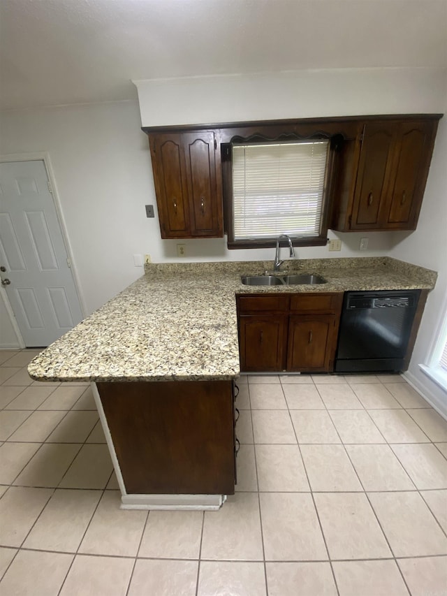 9425 Labette Dr, Little Rock, AR 72205 - kitchen with black dishwasher, a peninsula, light tile patterned flooring, dark brown cabinetry, and light stone countertops