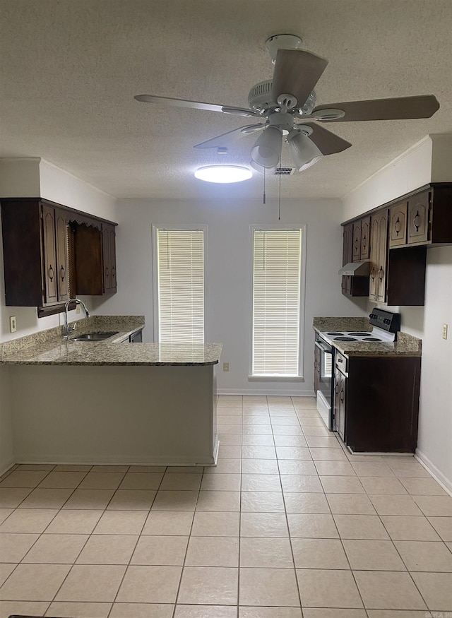 9425 Labette Dr, Little Rock, AR 72205 - kitchen with electric stove, under cabinet range hood, ceiling fan, a textured ceiling, and dark brown cabinets