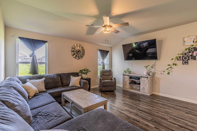 5244 Prospect Trl, Jonesboro, AR 72405 - living area with a ceiling fan, dark wood-type flooring, and vaulted ceiling