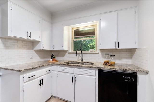 1112 N Hughes St, Little Rock, AR 72007 - kitchen with dishwasher, light stone countertops, tasteful backsplash, white cabinets, and ornamental molding