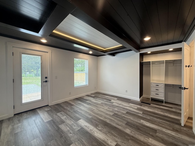 219 N Chestnut St, Harrison, AR 72601 - unfurnished bedroom with a wooden ceiling with exposed beams, dark wood finished floors, access to exterior, recessed lighting, and a spacious closet