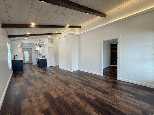 219 N Chestnut St, Harrison, AR 72601 - unfurnished living room featuring a chandelier, a wooden ceiling with exposed beams, dark wood-style floors, and recessed lighting