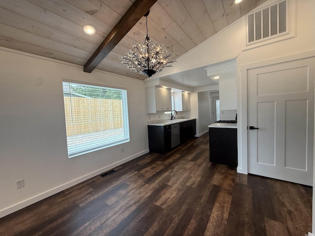219 N Chestnut St, Harrison, AR 72601 - kitchen with wooden ceiling, light countertops, dark wood finished floors, white cabinets, and a chandelier