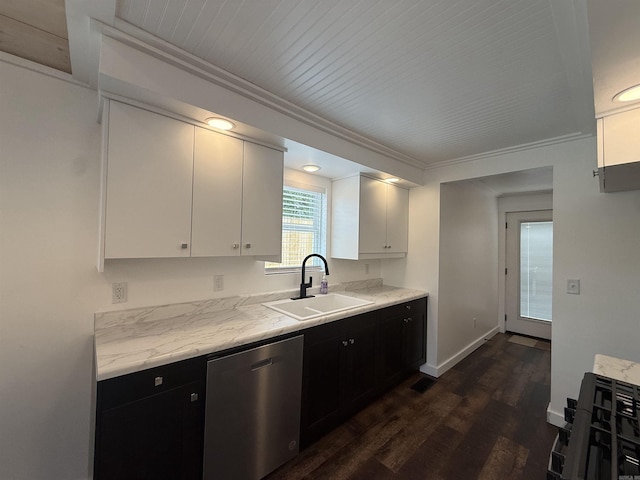 219 N Chestnut St, Harrison, AR 72601 - kitchen with dishwasher, dark cabinetry, dark wood-style floors, white cabinets, and crown molding