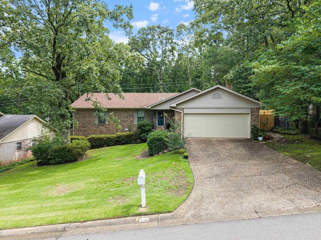 2608 Grist Mill Rd, Little Rock, AR 72227 - ranch-style home with an attached garage, a front lawn, driveway, and brick siding