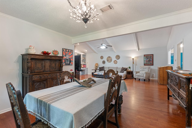 2608 Grist Mill Rd, Little Rock, AR 72227 - dining room featuring wood finished floors, ceiling fan, a chandelier, a textured ceiling, and crown molding