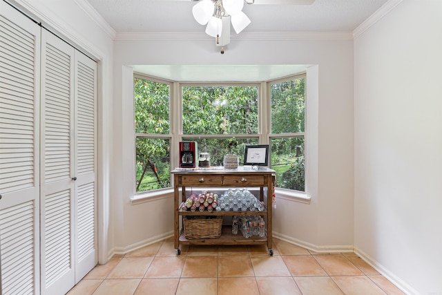2608 Grist Mill Rd, Little Rock, AR 72227 - sitting room with light tile patterned flooring, ornamental molding, and a ceiling fan