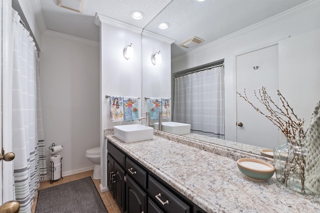 2608 Grist Mill Rd, Little Rock, AR 72227 - bathroom featuring vanity, crown molding, a textured ceiling, recessed lighting, and tile patterned flooring