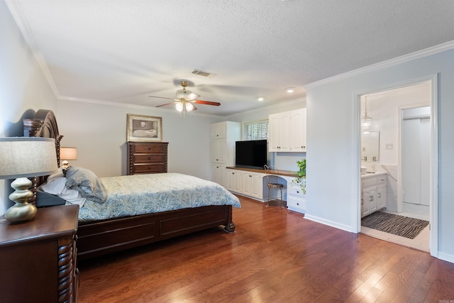 2608 Grist Mill Rd, Little Rock, AR 72227 - bedroom with dark wood finished floors, crown molding, a textured ceiling, and a ceiling fan