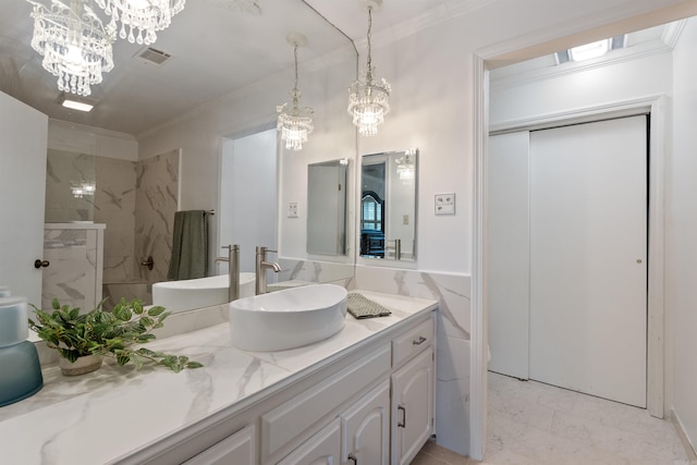 2608 Grist Mill Rd, Little Rock, AR 72227 - bathroom featuring a chandelier, marble finish floors, vanity, ornamental molding, and a marble finish shower