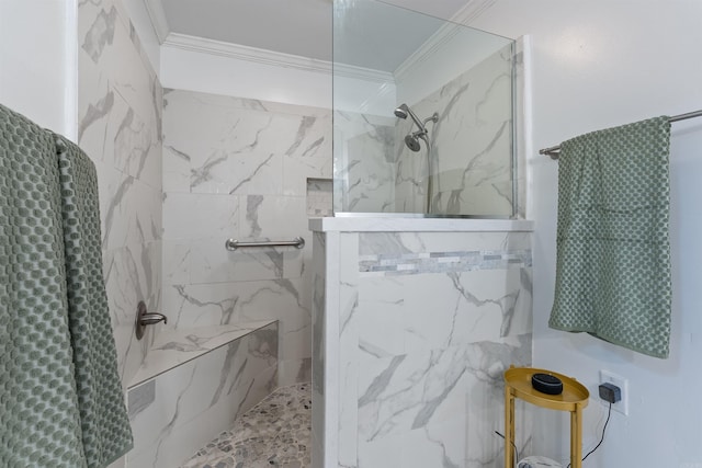 2608 Grist Mill Rd, Little Rock, AR 72227 - bathroom with a marble finish shower and ornamental molding