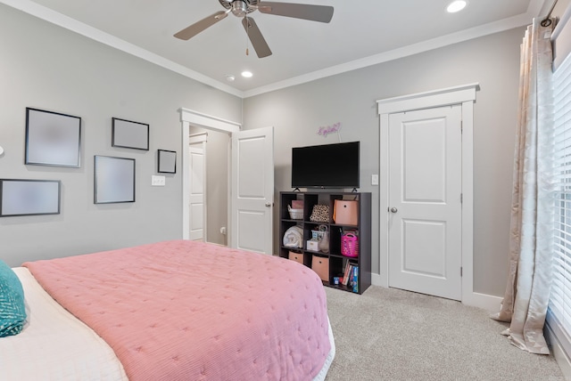 2690 Overcup Dr, Conway, AR 72034 - carpeted bedroom featuring crown molding, recessed lighting, and a ceiling fan