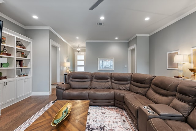 2690 Overcup Dr, Conway, AR 72034 - living room featuring wood finished floors, ornamental molding, recessed lighting, and ceiling fan