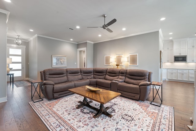 2690 Overcup Dr, Conway, AR 72034 - living area with recessed lighting, hardwood / wood-style flooring, ceiling fan, and ornamental molding