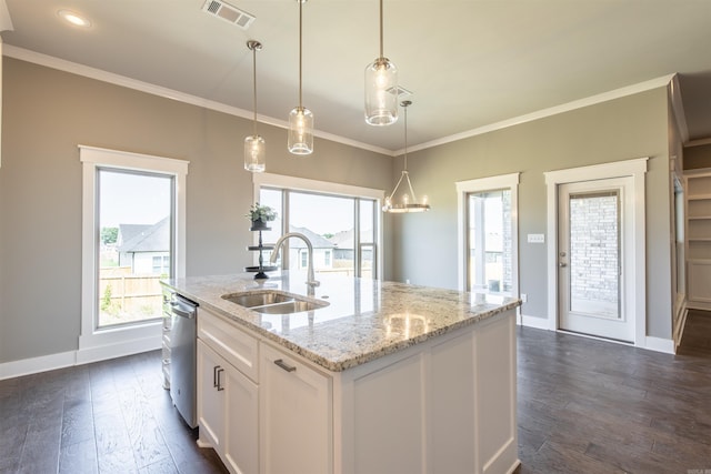 2690 Overcup Dr, Conway, AR 72034 - kitchen with stainless steel dishwasher, crown molding, dark wood-style floors, white cabinetry, and healthy amount of natural light