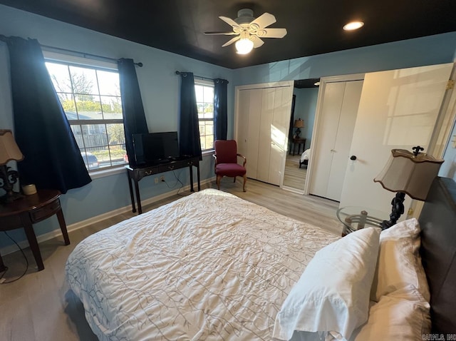 1824 N Hughes St, Little Rock, AR 72207 - bedroom with multiple closets, light wood-style flooring, recessed lighting, and ceiling fan