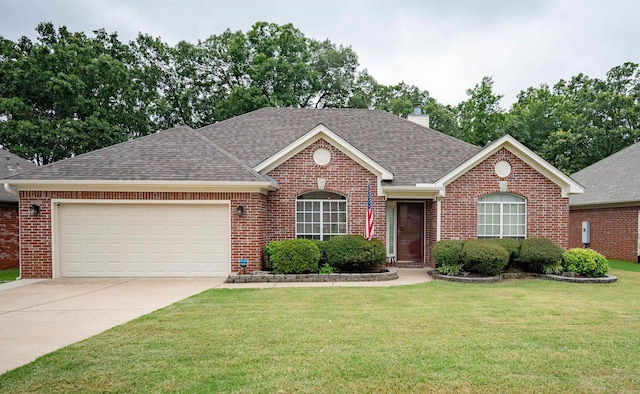 7139 Park Meadows Dr, Sherwood, AR 72120 - view of front of house with brick siding, a shingled roof, an attached garage, and a front lawn