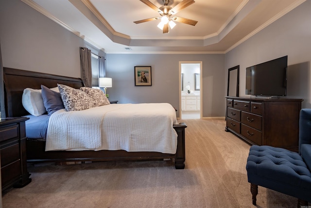 7139 Park Meadows Dr, Sherwood, AR 72120 - bedroom with a tray ceiling, light colored carpet, crown molding, ceiling fan, and ensuite bathroom
