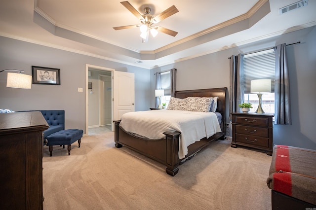 7139 Park Meadows Dr, Sherwood, AR 72120 - bedroom with a tray ceiling, light carpet, ornamental molding, and a ceiling fan