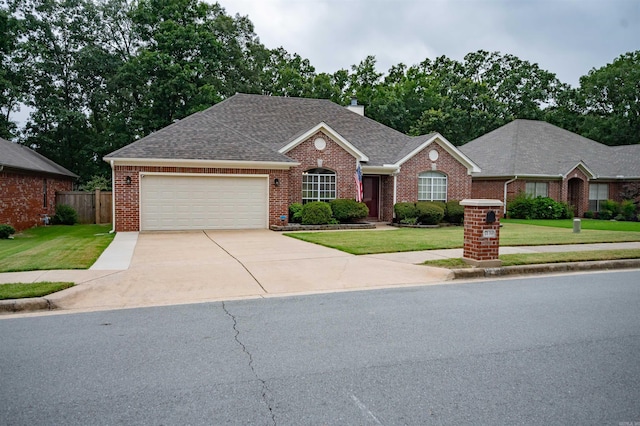 7139 Park Meadows Dr, Sherwood, AR 72120 - ranch-style home featuring brick siding, a garage, driveway, a shingled roof, and a chimney
