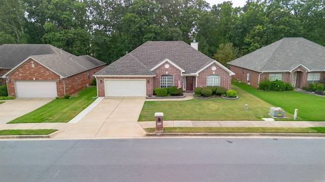 7139 Park Meadows Dr, Sherwood, AR 72120 - view of front of home featuring brick siding, a front yard, a chimney, concrete driveway, and an attached garage