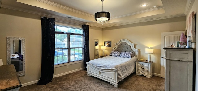 795 S Hill Dr, Jonesboro, AR 72401 - bedroom with a tray ceiling, ornamental molding, and dark colored carpet