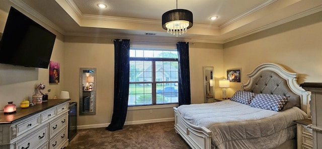 795 S Hill Dr, Jonesboro, AR 72401 - bedroom with dark carpet, multiple windows, a tray ceiling, and crown molding