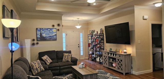 795 S Hill Dr, Jonesboro, AR 72401 - living area with a tray ceiling, dark wood finished floors, a ceiling fan, and crown molding