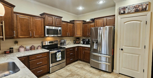 795 S Hill Dr, Jonesboro, AR 72401 - kitchen featuring stainless steel appliances, light tile patterned floors, ornamental molding, light stone countertops, and dark brown cabinets