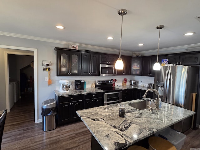 1209 Rehoboth, Searcy, AR 72143 - kitchen with stainless steel appliances, crown molding, glass insert cabinets, decorative backsplash, and dark wood-style floors