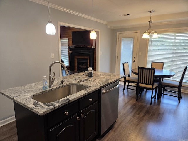 1209 Rehoboth, Searcy, AR 72143 - kitchen featuring stainless steel dishwasher, dark cabinets, dark wood-style floors, and ornamental molding