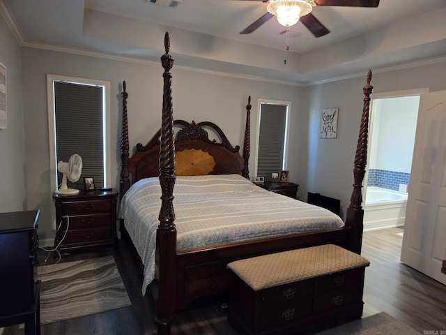 1209 Rehoboth, Searcy, AR 72143 - bedroom featuring a raised ceiling, dark wood-type flooring, crown molding, and a ceiling fan
