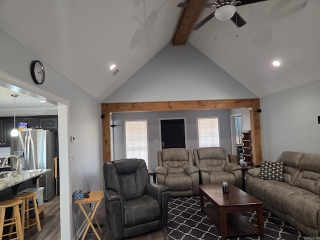 1209 Rehoboth, Searcy, AR 72143 - living area featuring a ceiling fan, beam ceiling, high vaulted ceiling, light wood-style floors, and recessed lighting