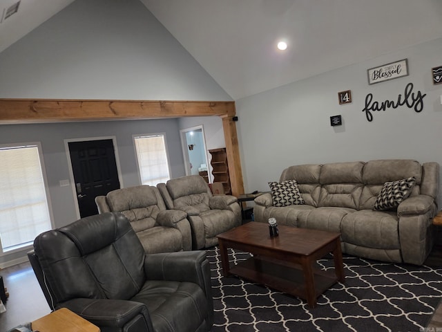 1209 Rehoboth, Searcy, AR 72143 - living room featuring high vaulted ceiling, wood finished floors, and recessed lighting