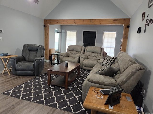 1209 Rehoboth, Searcy, AR 72143 - living area featuring lofted ceiling, wood finished floors, and plenty of natural light