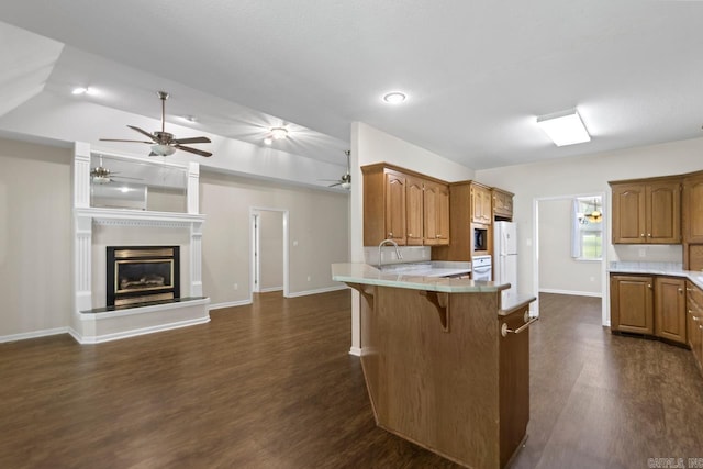 1226 Grayson Cir, Malvern, AR 72104 - kitchen featuring dark wood finished floors, a ceiling fan, light countertops, and a peninsula