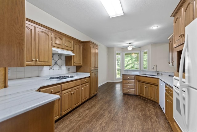 1226 Grayson Cir, Malvern, AR 72104 - kitchen with white appliances, dark wood finished floors, backsplash, under cabinet range hood, and a ceiling fan